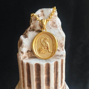 Real Gold Lion Pendant, 14K Wax Seal Gryphon Necklace, 18k Dainty Yellow Color Medallion, Solid Gold Coin Necklace