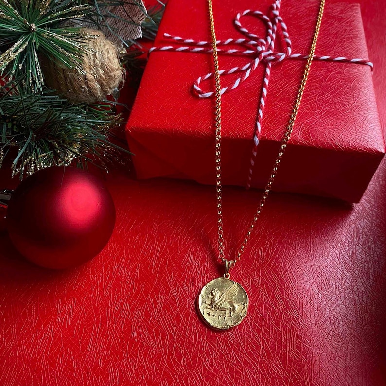Gold filled Greek coin necklace featuring Pegasus and Athena symbols