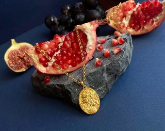 Gold Persephone Pendant, Ancient Greek Goddess With Pomegranate Symbol Necklace