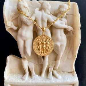 Three Graces Goddess Necklace, 18k Yellow Gold Ancient Greek Mythology Pendant, 14k Replica Coin Jewelry, Wholesale Greek Coin, Cyber Sale