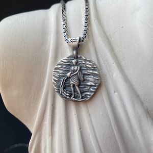 Silver Aquarius Zodiac Sign Necklace, Handmade Ancient Astrology Coin Pendant, Horoscope Jewelry Gift For Boyfriend, Gift For Girlfriend