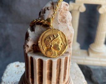 Athena Greek Coin Pendant, Gold Filled Double Sided Athena And Owl Necklace