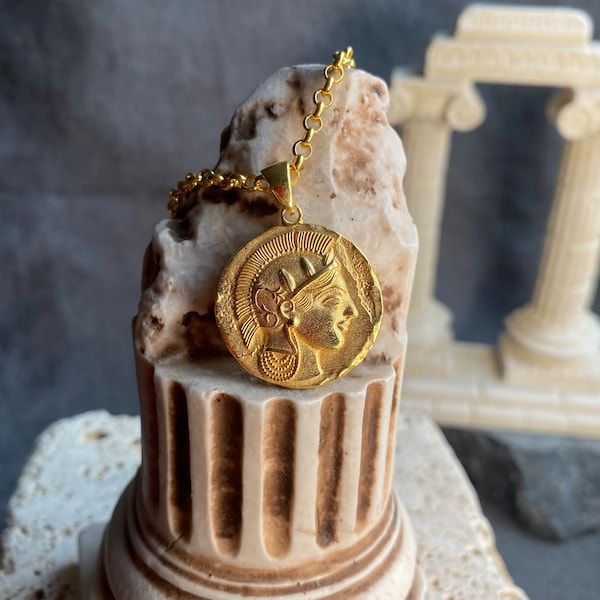 Athena Greek Coin Pendant, Unisex Owl Necklace, Owl And Athena Goddess Replica Coin Necklace, Ancient Greek Symbols Shop