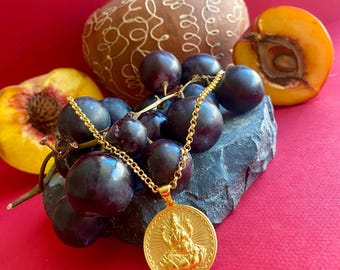 Solid Gold Lakshmi Coin Necklace, 18k Hindu Goddess Laxmi Pendant Jewelry