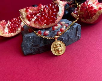 Gold Filed Goddess Medusa Head Coin Pendant: Greek Mythology Protection Necklace