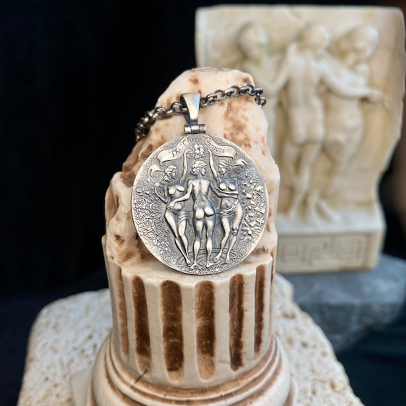 Silver Greek Coin Pendant: Three Graces Goddess Mythology Necklace