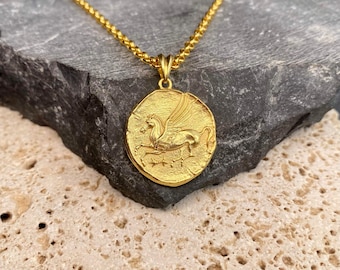 Gold-Athena-Münzenanhänger: Doppelseitige Pegasus-griechische Mythologie Göttin-Halskette