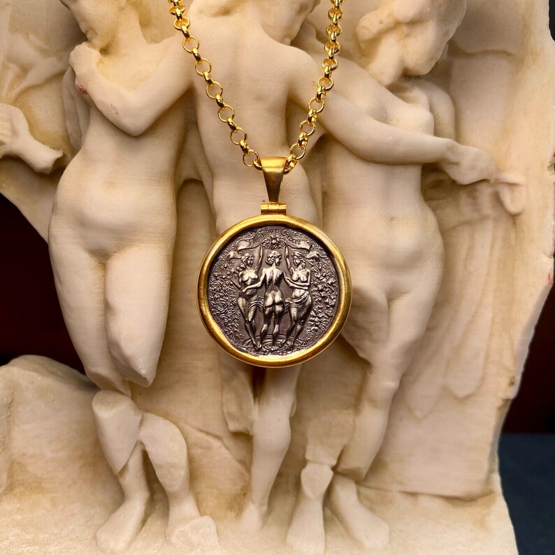 Silver Greek Coin Pendant: Three Graces Goddess Mythology Necklace image 3