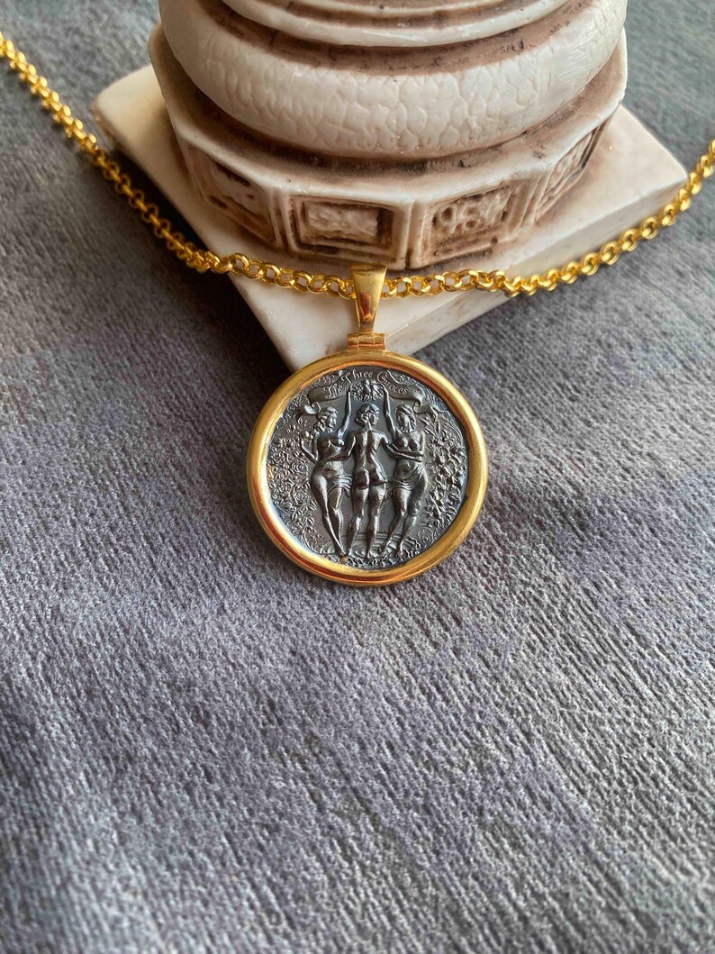 Silver Greek Coin Pendant: Three Graces Goddess Mythology Necklace image 2
