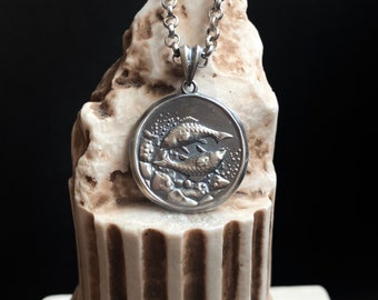 Collar de Piscis en plata de ley oxidada: colgante con medallón del zodíaco