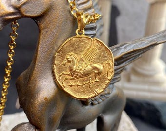 Pegasus Goddess Athena Coin Necklace: Gold Filled Double Sided Greek Mythology Pendant