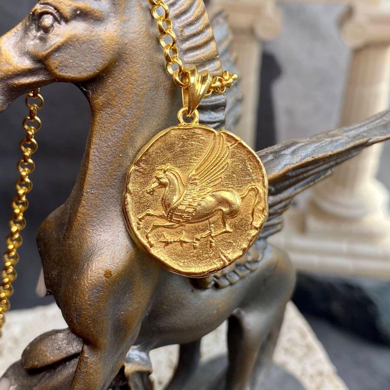 Gold filled Pegasus coin pendant necklace with winged horse design