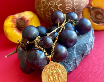Solid Gold Three Graces Necklace: Personalized Greek Mythology Goddess Coin Pendant Jewelry