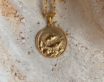 Gold Filled Pisces Coin Necklace: Zodiac Astrology Pendant