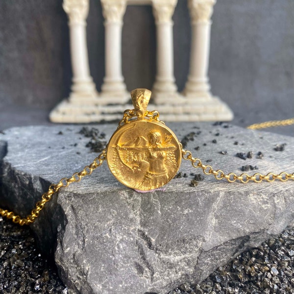 Gold Filled Artemis Coin Necklace, Real Solid Gold 14k Diana Pendant, Dainty Minimal Goddess Medallion, Ancient Greek Pendant Gift For Wife