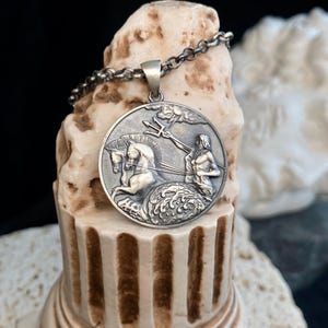 Oxidized Sterling Silver Poseidon Coin Necklace: Greek Mythology Pendant