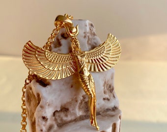 Two-Tone Yellow Gold Egyptian Isis Winged Goddess Pendant Necklace 