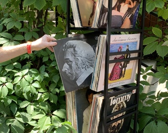 May include: A black metal record stand with multiple vinyl records stacked on shelves. The records have various covers featuring different artists and album titles, including "Tommy" and "Jacqueline  Banas".