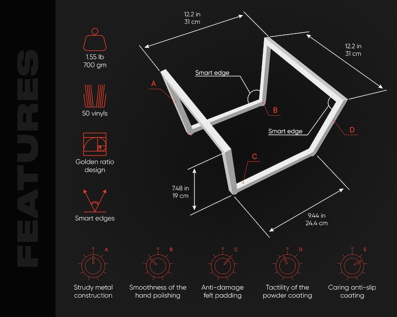 May include: A white metal object with a geometric design, featuring smart edges. The object is 12.2 inches (31 cm) wide and 7.48 inches (19 cm) tall. It weighs 1.55 pounds (700 gm) and is designed with a golden ratio. The image also highlights features like anti-damage felt padding.