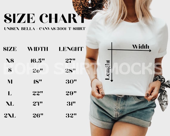 Bella Canvas 3001 Size Chart Mockup T-shirt Sizing Chart - Etsy