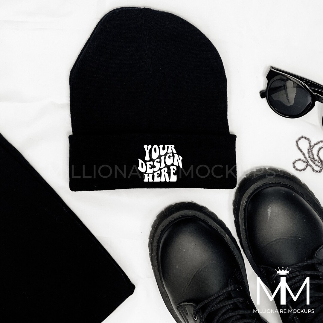 Black Beanie Mockup, Blank Beanie Flat Lay, Cuffed Beanie Mock Up, Edgy