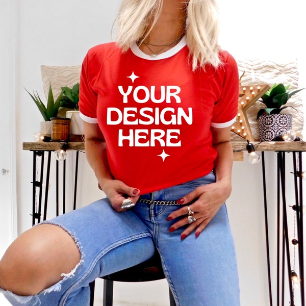 Ringer T-Shirt  Mock Up - Unisex Ringer Shirt Model Mockup - Red & White - Ringer Tee Mockup - Blank Unisex Men Women Ringer Tee Display