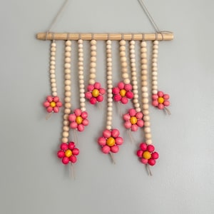 Pink Daisy Flower Beaded Chain Boho Wall Hanging / Flower Girls Room / Nursery Wall Decor / Boho Daisy Flower Wall Art