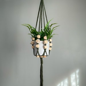 Green Macrame Indoor Plant Hanger with Geometric Wooden Beads & Tassel / Indoor Flower Pot Hanger / Boho Minimalist Flower Pot Decor