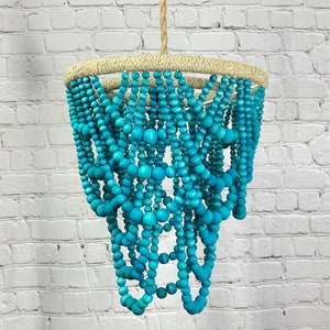 Wood Bead Chandelier / Pendant Light / Plug In Light Shade / Tropical Teal Blue Ceiling Light - “Willow”