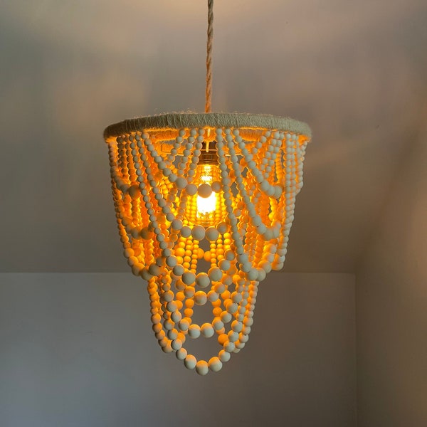 Boho Wood Bead Chandelier Pendant Plug In Light  - “Willow”