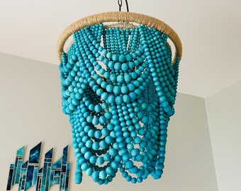 Coastal Wood Bead Chandelier / Turquoise Boho Ceiling Light / Aqua Beaded  Pendant Light - "Elodie"