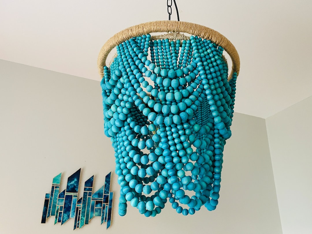 Coastal Wood Bead Chandelier / Turquoise Boho Ceiling Light / Aqua