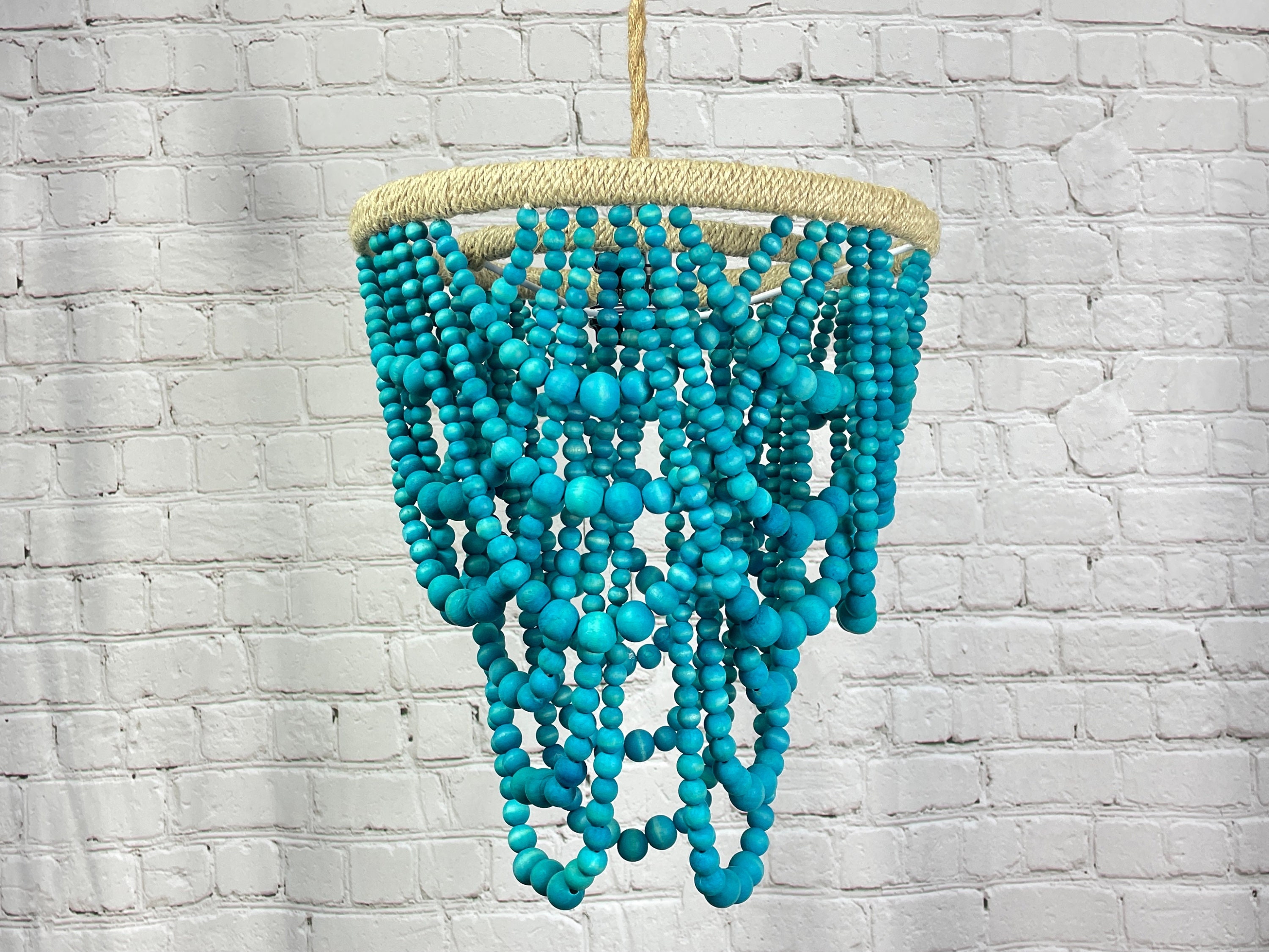 Wood Bead Chandelier / Pendant Light / Plug In Light Shade / Tropical Teal Blue Ceiling Light - “Willow”