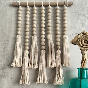 White Washed Rustic Boho Beaded Tapestry Wood Wall Decor