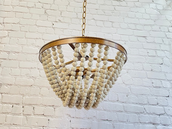 Whitewash Wood Bead Chandelier Farmhouse Ceiling Pendant Light