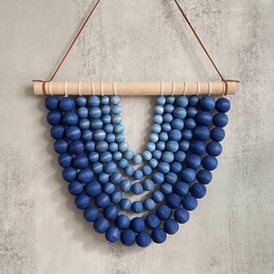 Wood Beaded Ombre Blue Wall Hanging Tapestry / Boho Wall Decor / Shades of Blue Wall Art