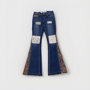 Women’s Size 2 Boho Flare Jeans Patchwork Bell Bottom Denim Hippie Festival