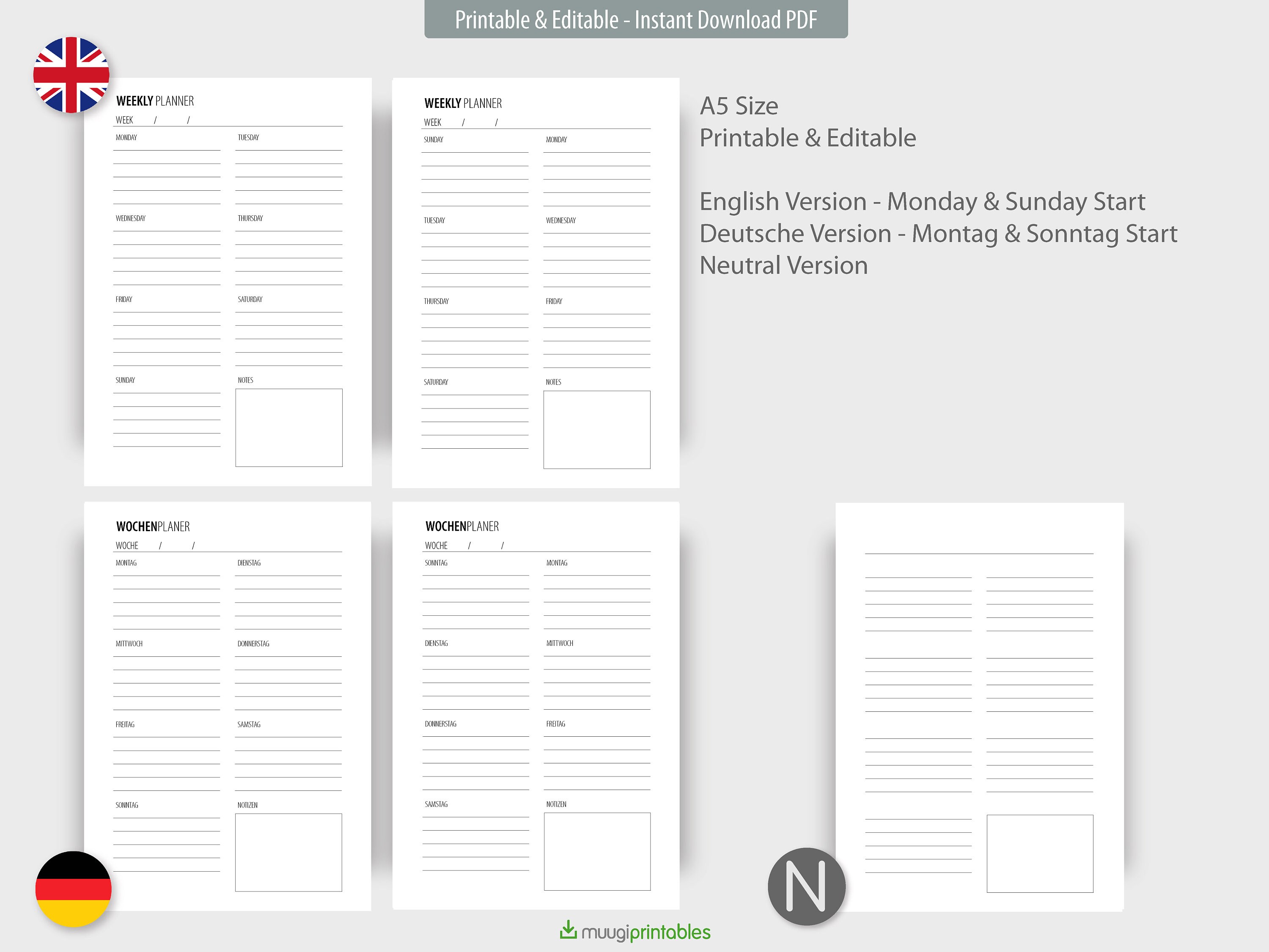 weekly planner no 4 a5 printable and editable pdf file etsy