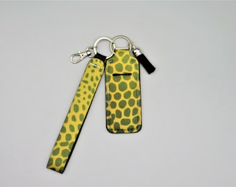cheetah print keychain set, lip balm holder with wristlet, keychain lip balm holder, keychain wristlet with lip balm holder, keychain set