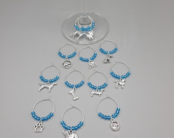 wine glass charms, dog wine charms, set of 12, silver wine charms, barware, drinkware, part decoration, gift