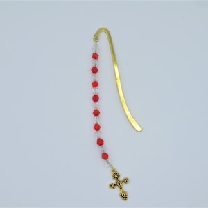bookmark, meatal bookmark, cross charm bookmark ,white and red beaded bookmark, beaded bookmark, handmade bookmark