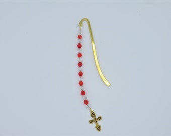 bookmark, meatal bookmark, cross charm bookmark ,white and red beaded bookmark, beaded bookmark, handmade bookmark