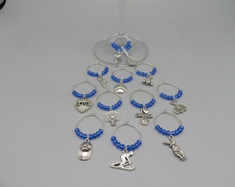 wine glass charms, beaded wine glass charms, barware, drinkware, sports wine charms, blue wine charms, silver win charms, set of 12