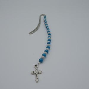 bookmark, meatal bookmark, cross charm bookmark, blue and white beaded bookmark, beaded bookmark