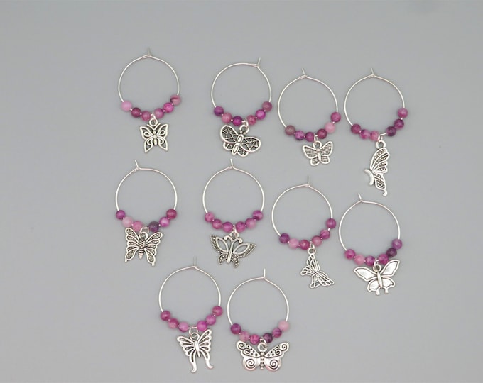 wine glass charms, butterfly wine glass charms, set of 10 wine glass charms, purple wine glass charms