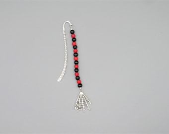 Beaded bookmark, handmade bookmark, Halloween bookmark, spider bookmark, hooked bookmark, silver bookmark, black and red bookmark