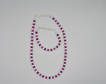 jewelry set, bracelet necklace set, beaded jewelry, pink purple and white beaded jewelry