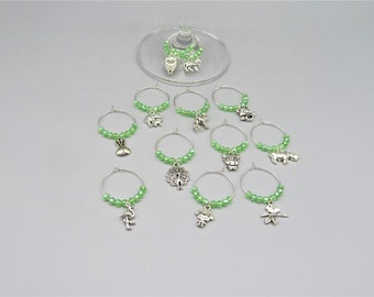 Handmade wine glass charms, animal wine glass chars, green wine glass charms, set of 12 wine charms, silver wine glass charms