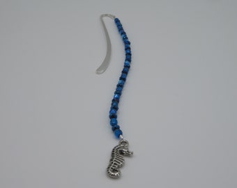 beaded bookmark, seahorse charm bookmark, blue bookmark, silver bookmark, ocean bookmark, bookmark