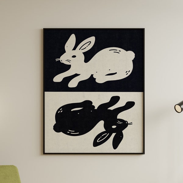 Bunny Black & White Digital Wall Art | PRTINABLE Minimalistic Poster | Color Block Negative Space Ink Artwork